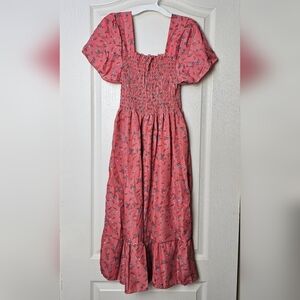 Women's Square Neck Floral Smocked Short Sleeve Ruffle Tiered Midi Dress PINK XS